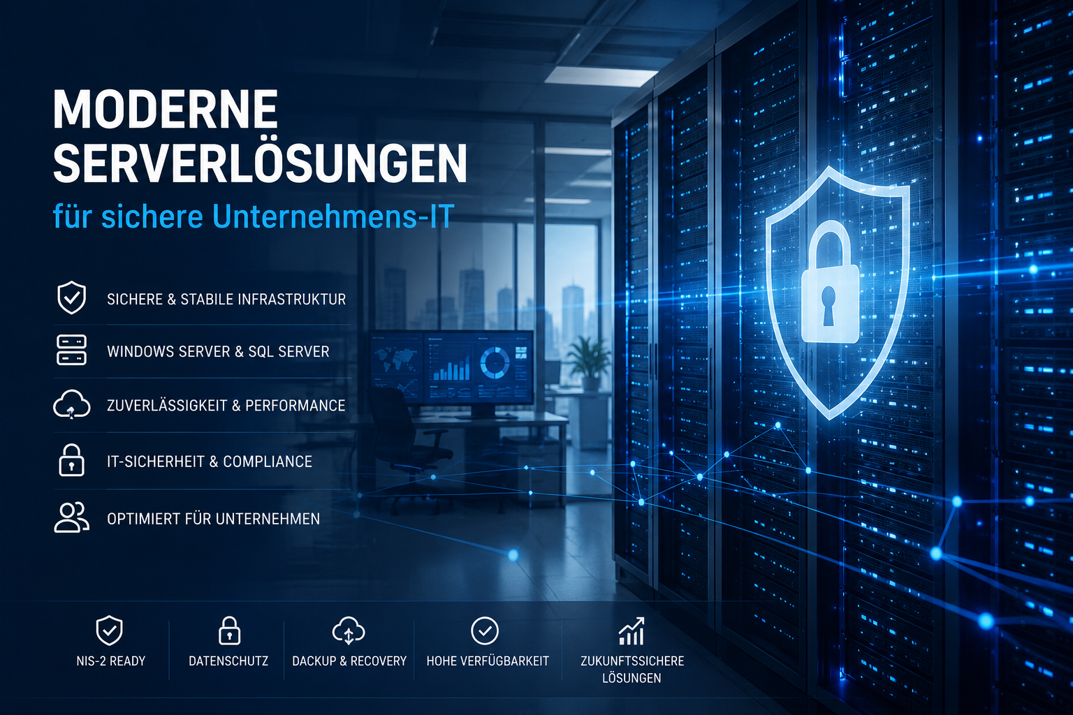 Moderne Serverlösungen für sichere Unternehmens-IT mit professioneller Server-Infrastruktur, IT-Sicherheit, Datenschutz, Compliance-Strategien und NIS-2 relevanten Unternehmensumgebungen.